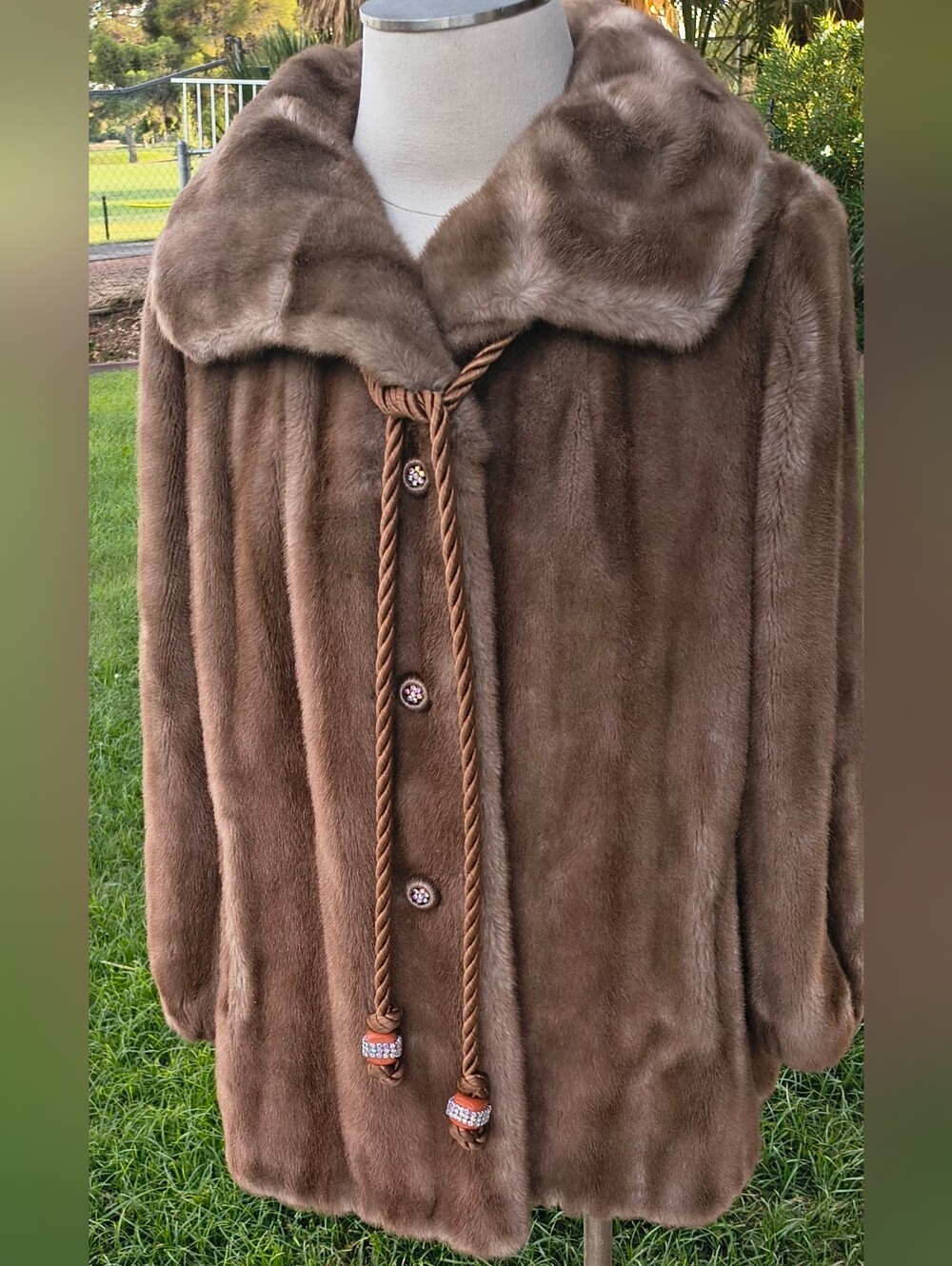 Luxury Brown Faux Fur Coat with Decorative Rope Tie Jeweled Buttons, 18, Superb
